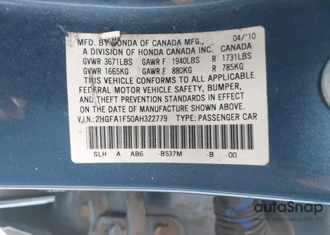 2010 Honda Civic Lx from USA, damaged, VIN 2HGFA1F50AH322779